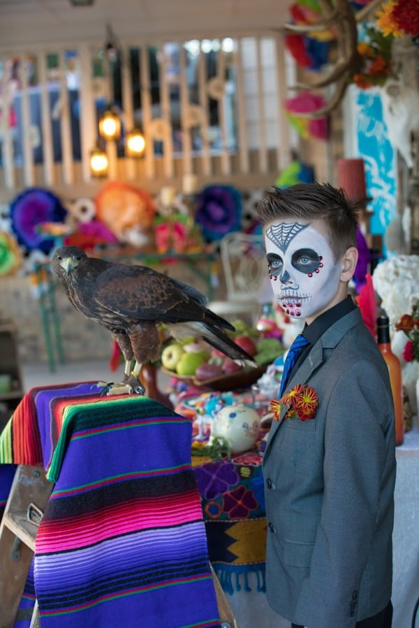 hawk spirit animal "Catrina" and a young boy with a sugar skull painted face at day of the dead altar