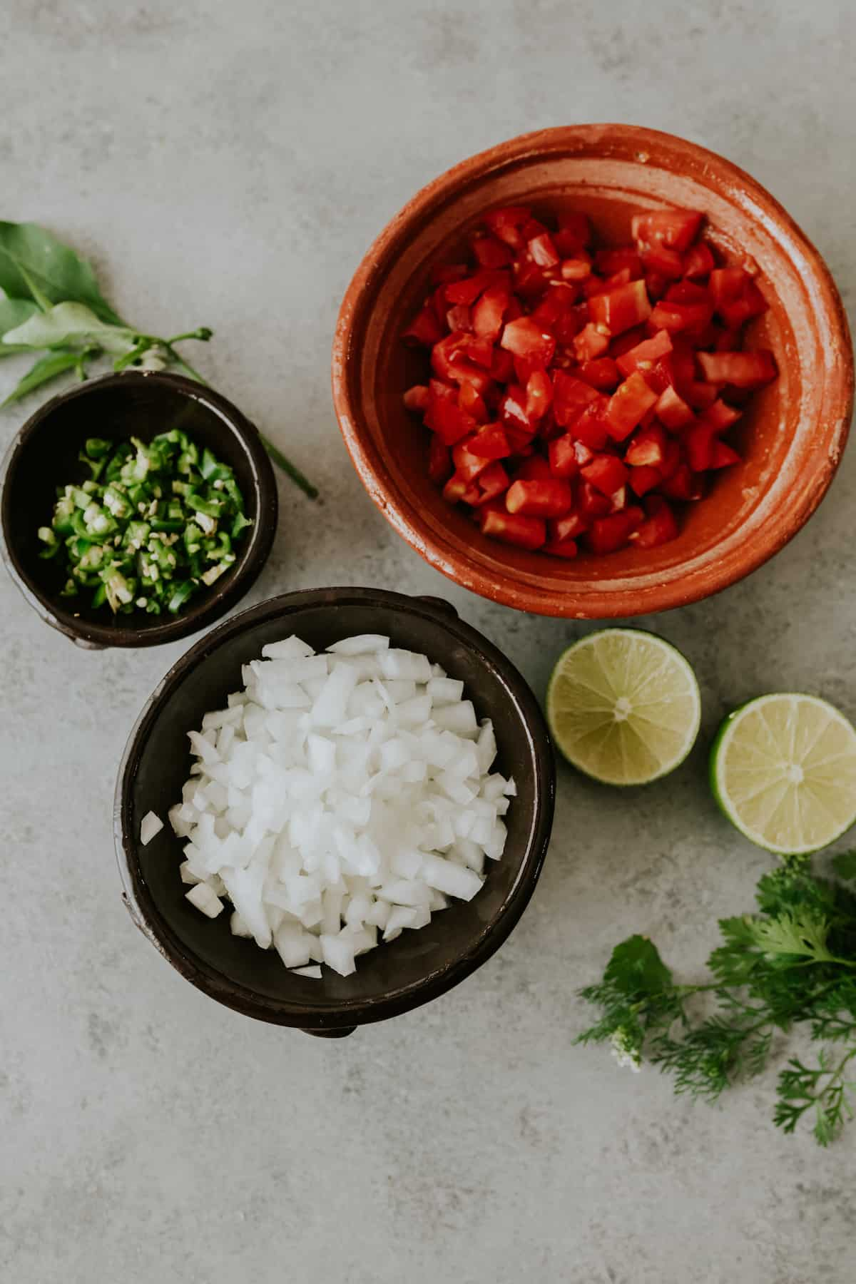 Ingredientes para salada de tomate finamente picados em tigelas separadas em fundo cinza, incluindo tomates, pimentão verde e cebola branca, bem como calços de limão e coentro fresco.
