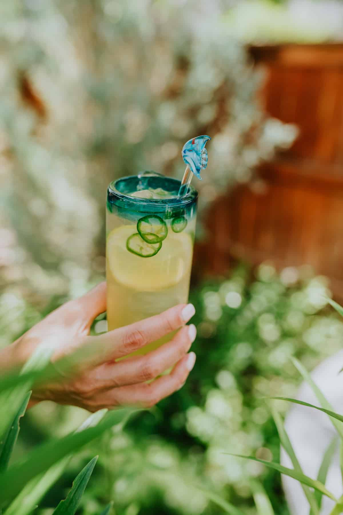 mão de mulher segurando um copo de colins de chá verde limonada margarita com jalapeños e limões frescos em fatias