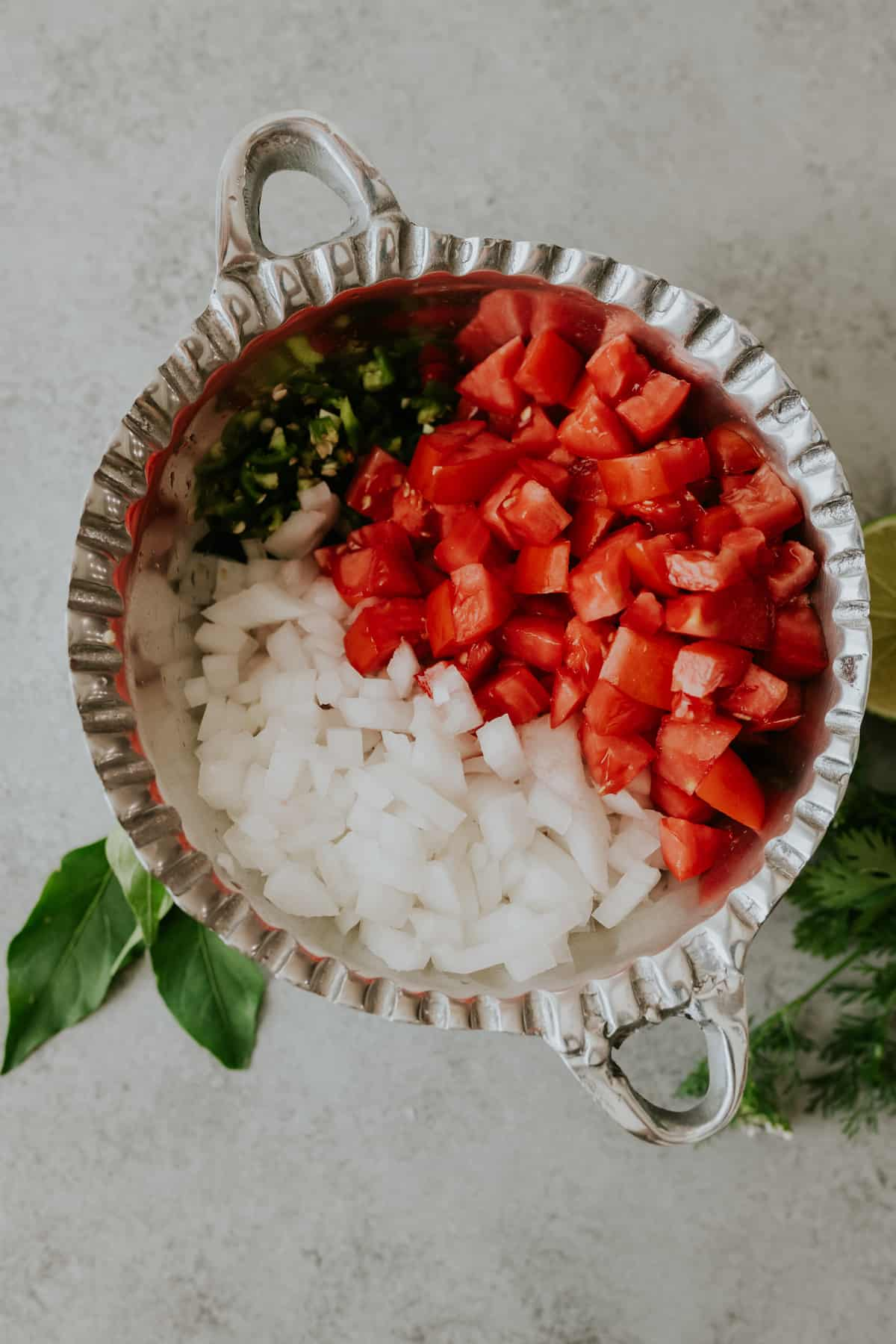 Ingredientes de salsa bandera picada dispostos numa tigela grande prateada com duas pegas