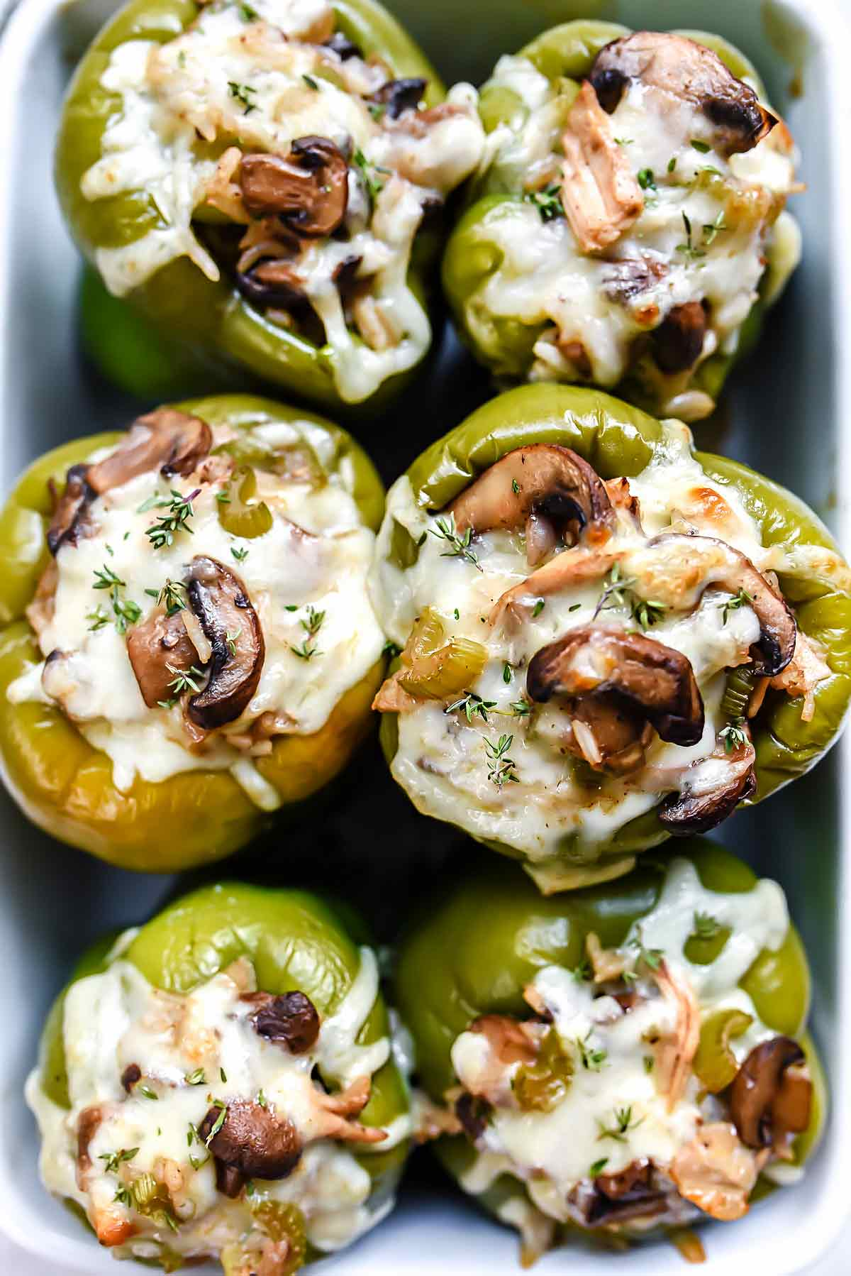 Creamy Chicken and Mushroom Stuffed Bell Peppers | foodiecrush.com #stuffed #peppers #peppered #bell #chicken #creamy #recipe