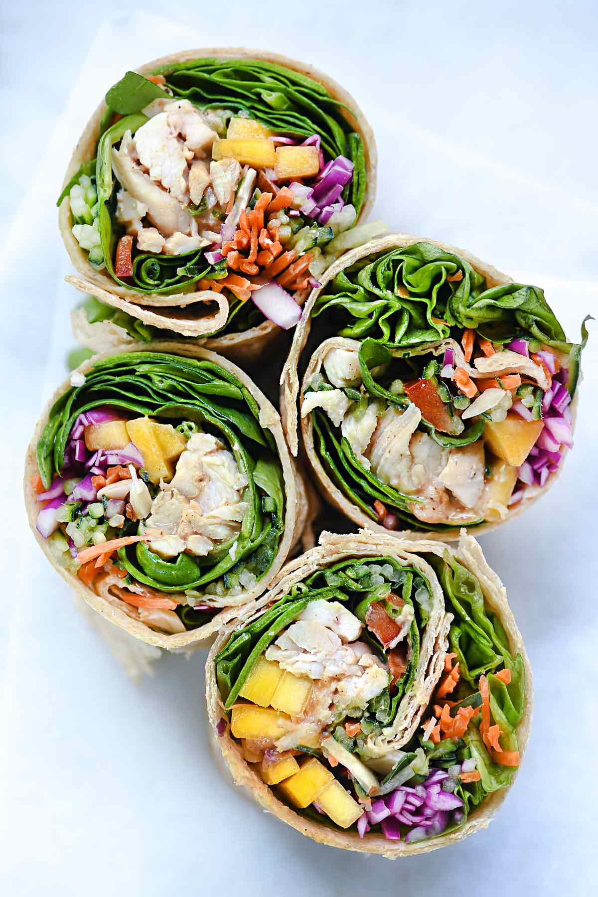 Chicken and Mango Rainbow Veggie Wraps | foodiecrush.com #lunch #wrap #easy #recipes #easy #recipes