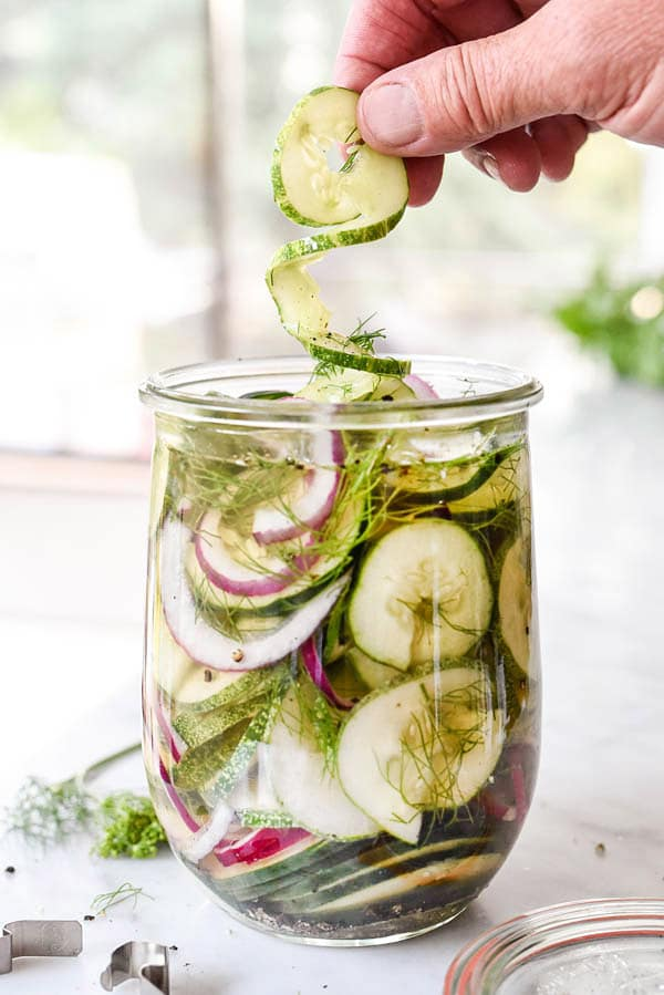 Spiralized Refrigerator Dilly Pickles | foodiecrush.com