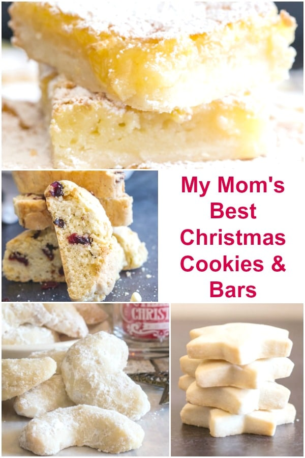 Biscoitos de Natal, biscoitos, biscotti, crescentes e barras de limão em uma colagem de pinterest