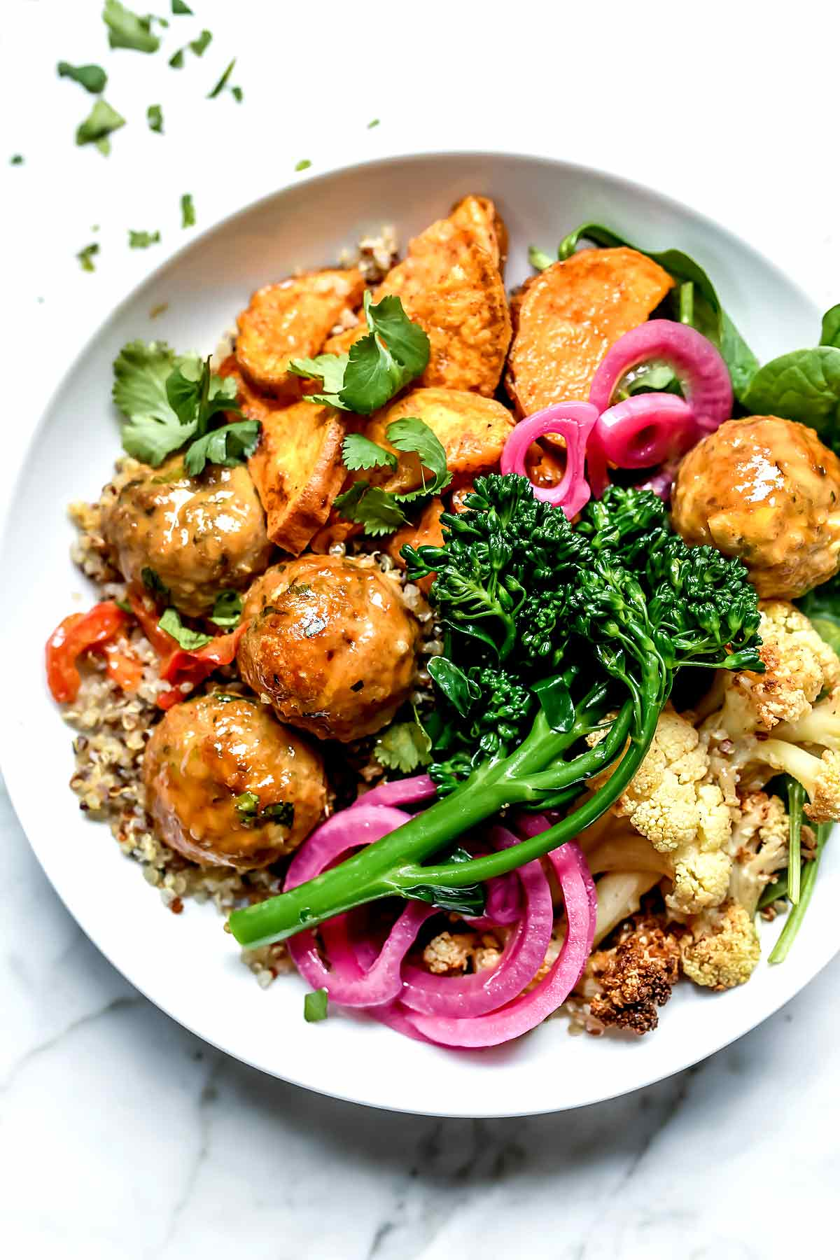 Buddha Bowls with Roasted Vegetables and Turkey Meatballs foodiecrush.com