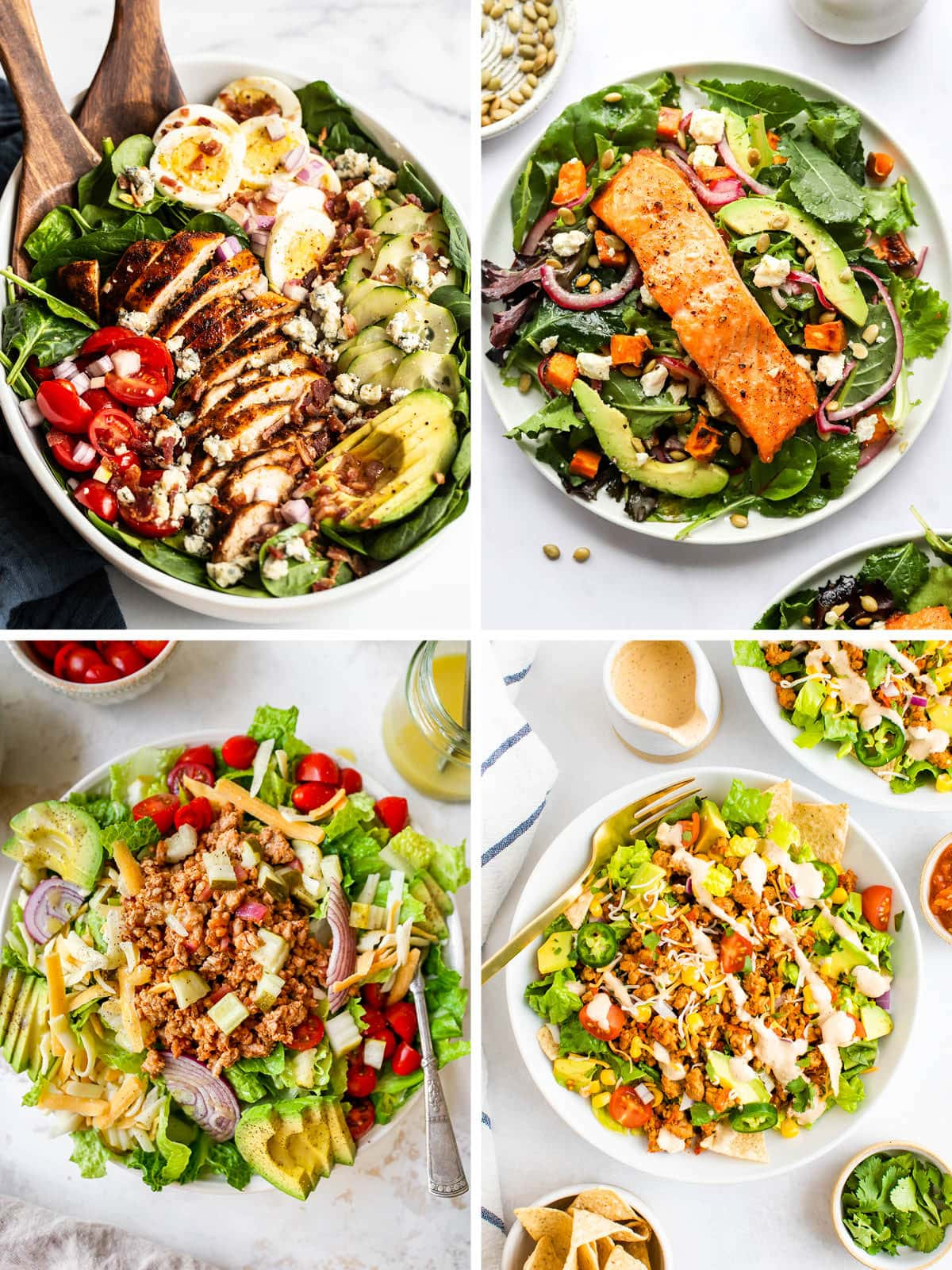 Colagem de quatro fotos de salada de jantar.