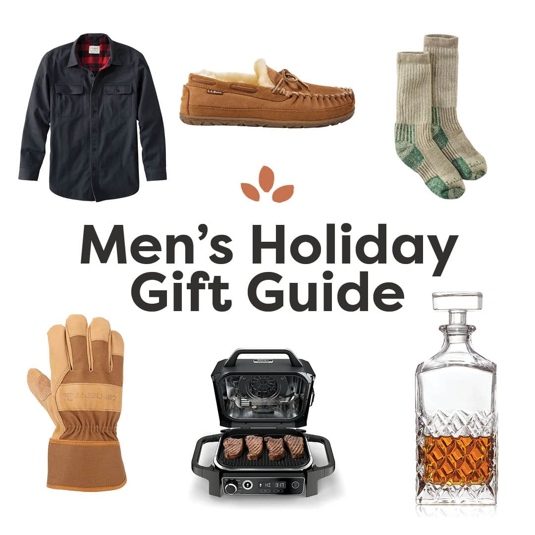 Artigos para presentes de férias masculinas: camisa, chinelo, meias, luva, grelhador e decantador.
