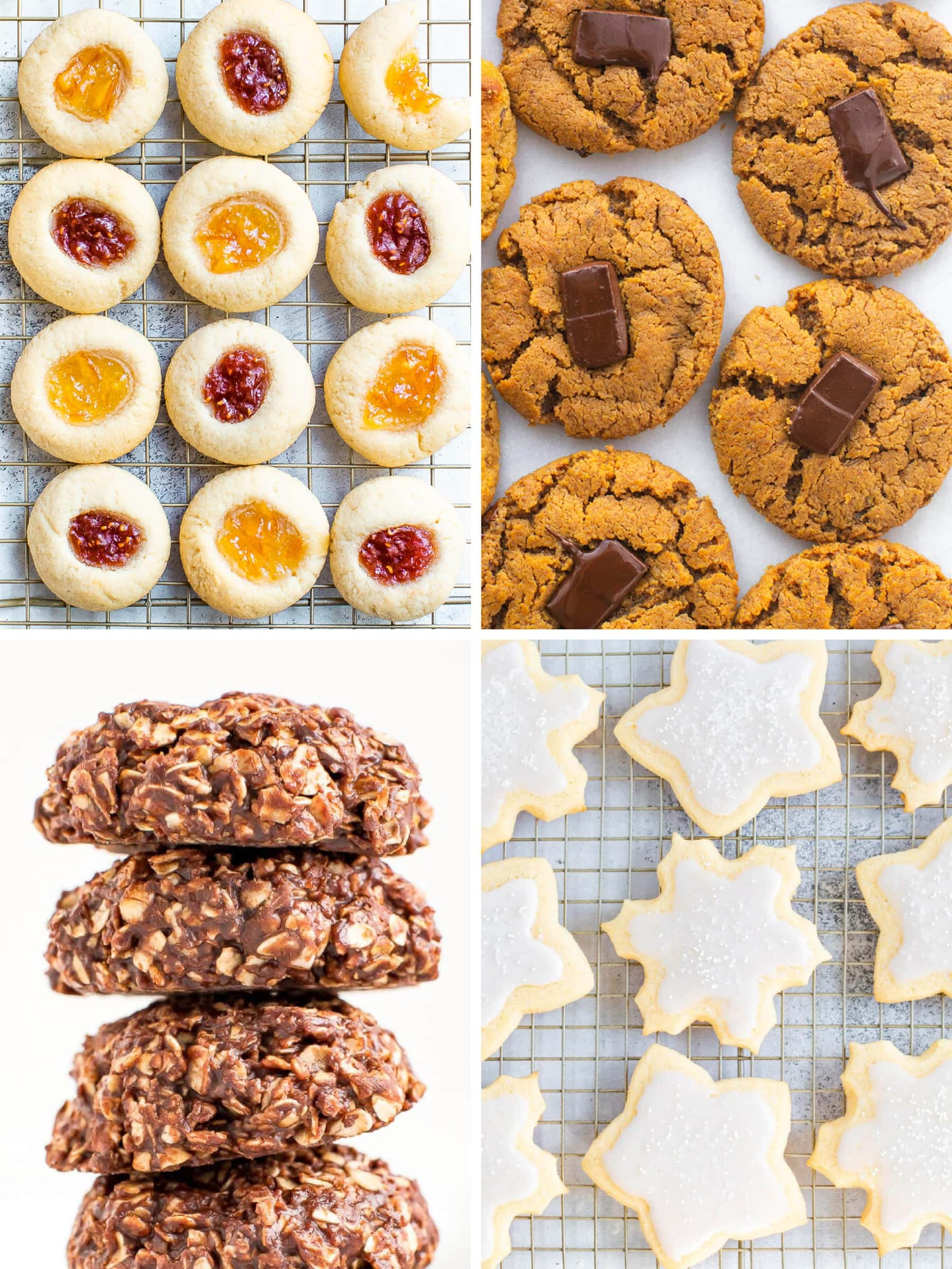 Colagem de quatro fotos de biscoitos de Natal saudáveis: impressão digital, flores de manteiga de amendoim, sem bolachas e biscoitos de açúcar.