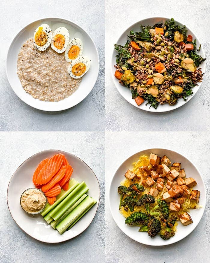 Quatro refeições equilibradas - ovos e aveia, uma salada com legumes, legumes com hummus e uma tigela de esparguete squash com tofu e brócolos.