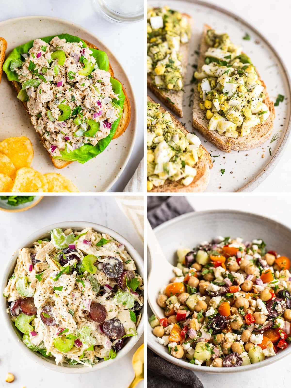 Colagem de quatro fotos: salada de atum, salada de ovo de abacate, salada de frango com iogurte grego e salada de grão de bico grego.