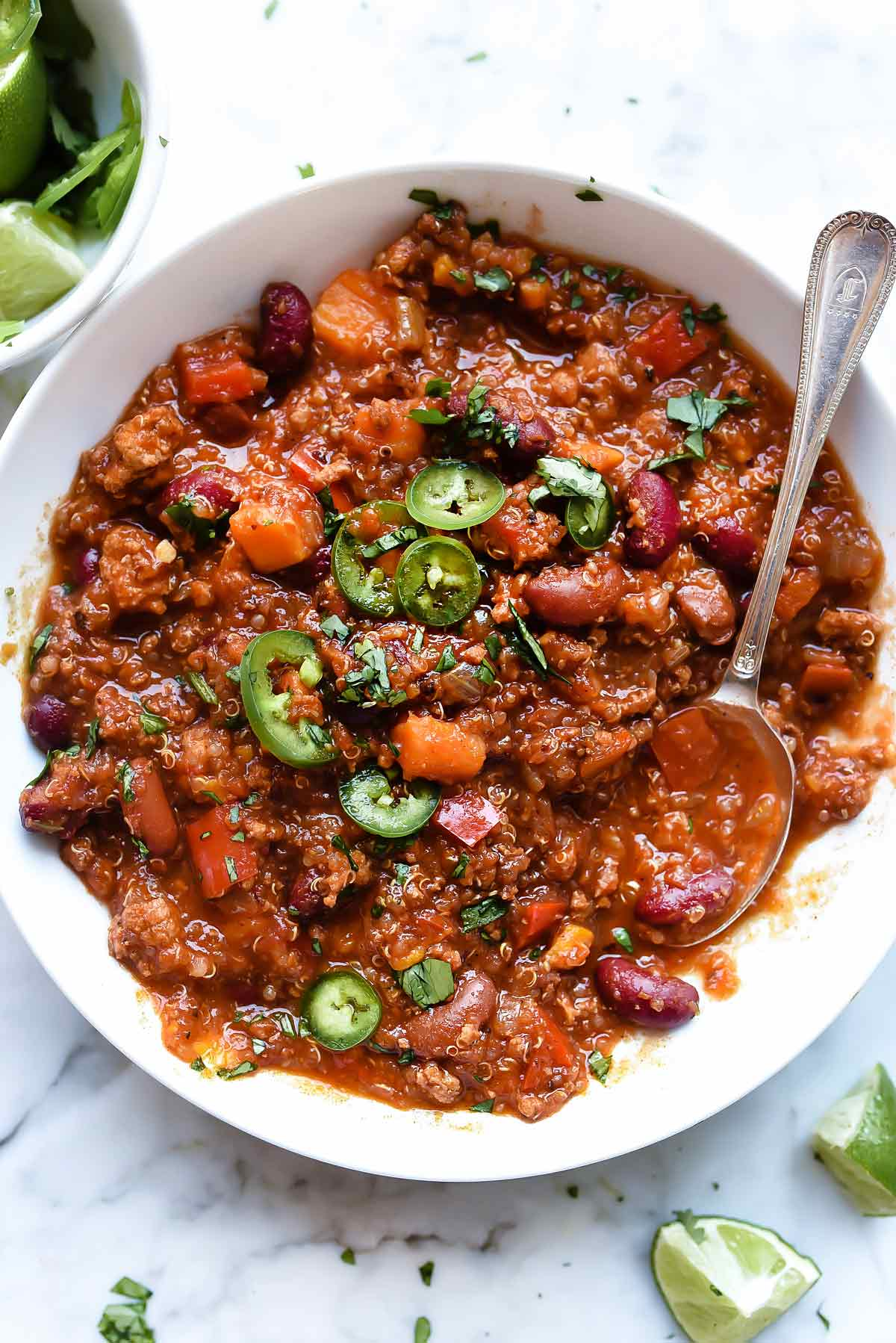 Slow Cooker Turkey and Sweet Potato Chili with Quinoa | foodiecrush.com #slowcooker #turkey #chili #recipes #turkeychili #sweetpotato #quinoa #instantpot #crockpot