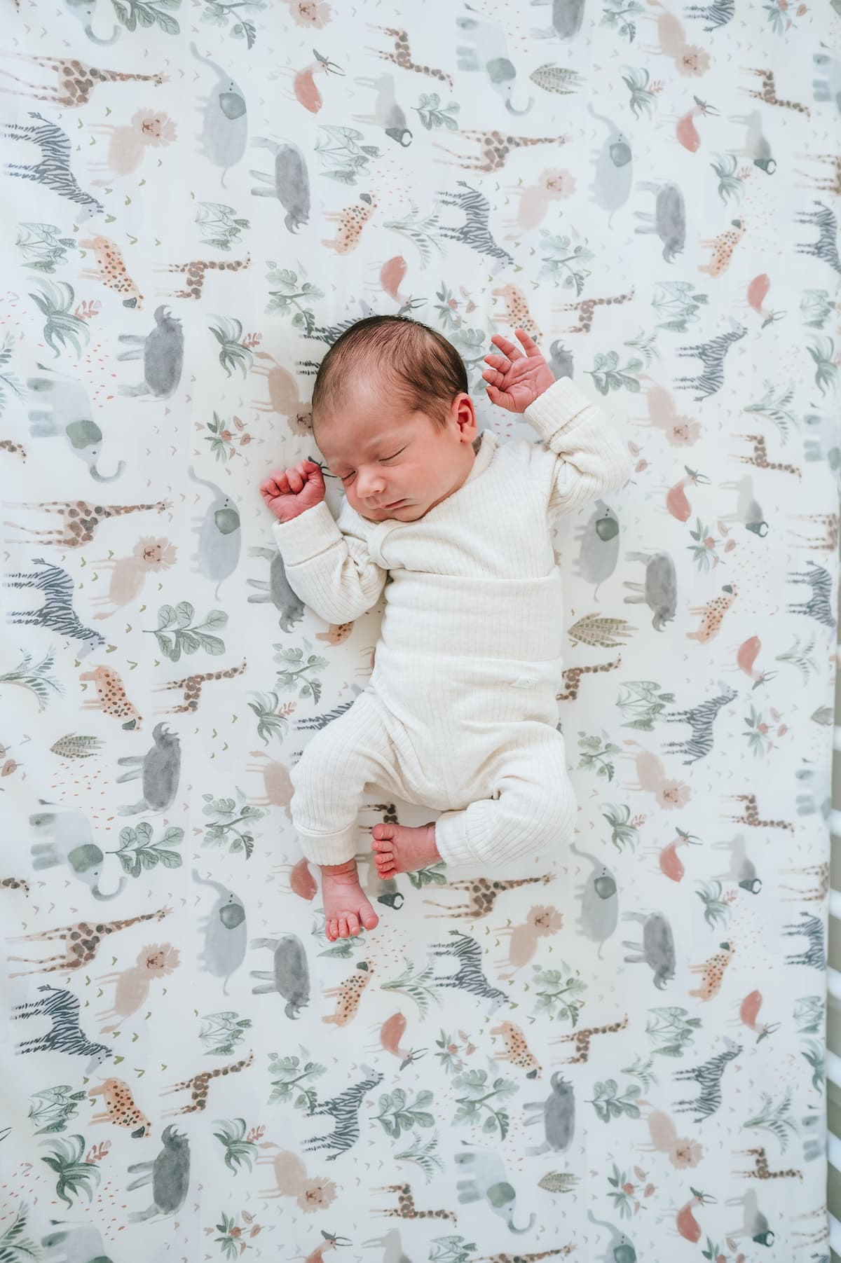 Um recém-nascido num berço com lençóis de safari.