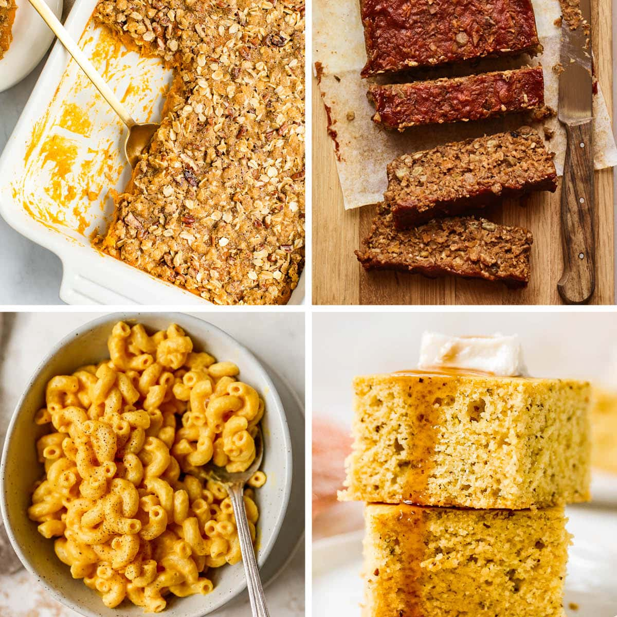 Colagem de fotos: caçarola de batata doce, pão de lentilhas, macarrão e queijo vegan e pão de milho vegan.