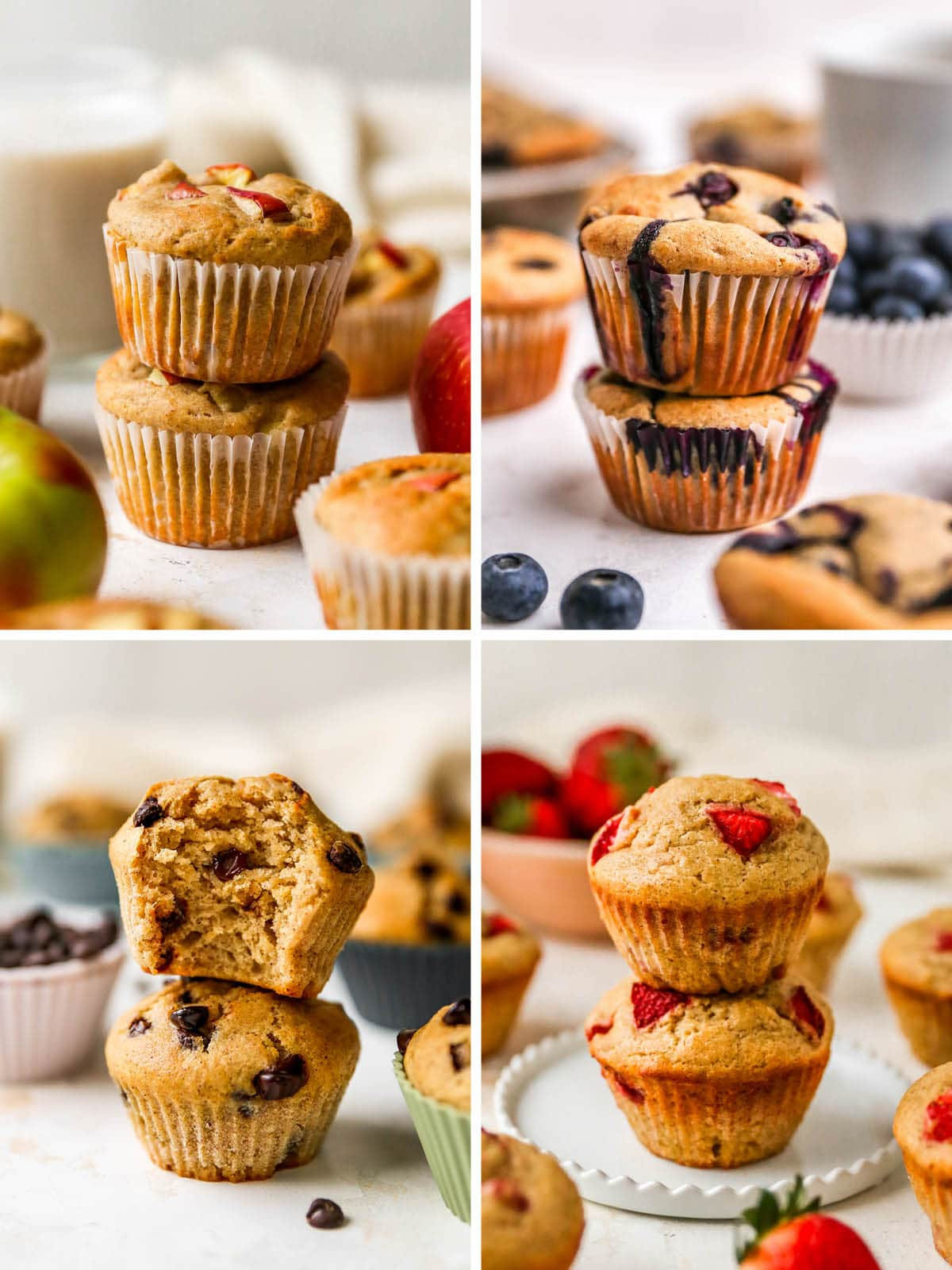 Fotos de 4 muffins diferentes de iogurte: